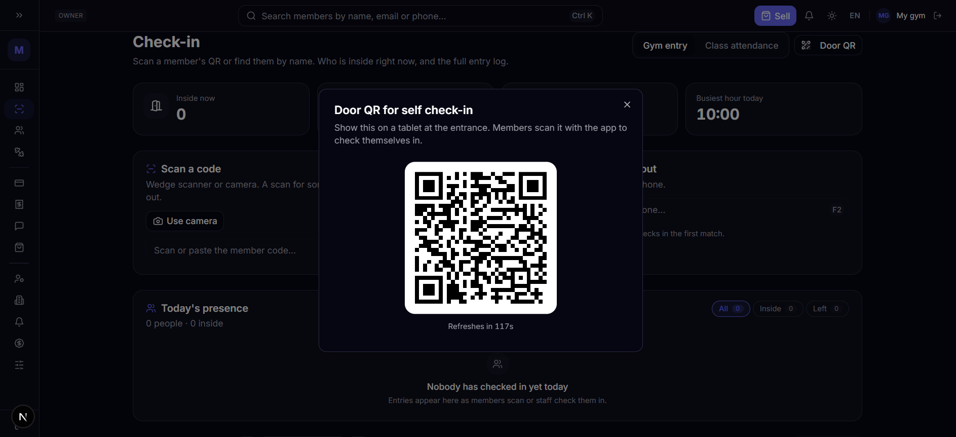OTRUP QR code check-in page with camera scanner and entry log