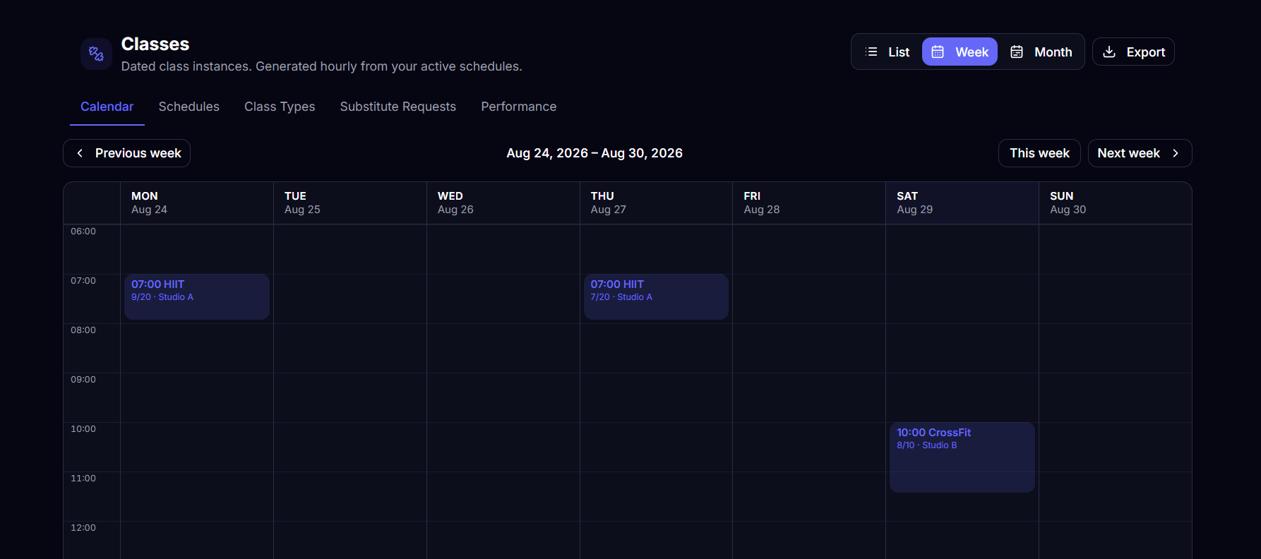 OTRUP class scheduling hub with weekly session grid