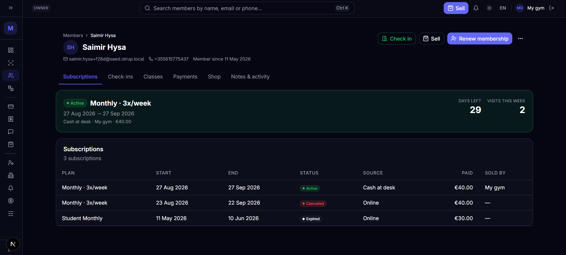 OTRUP individual member profile with QR code and payment history