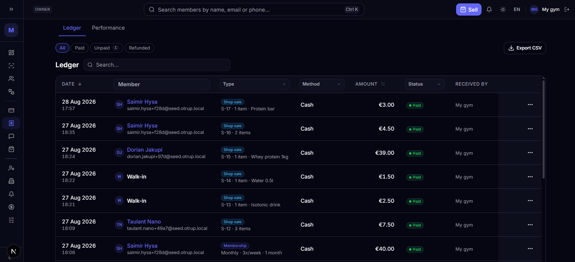 OTRUP payments screen with transaction history and status