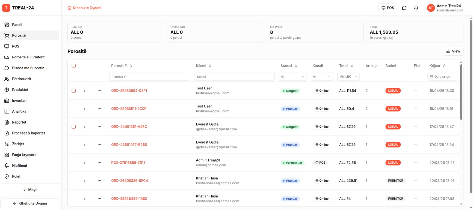 TRE-AL order management dashboard showing POS and online channels