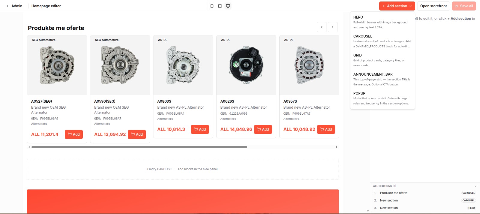 TRE-AL homepage editor with product carousel blocks