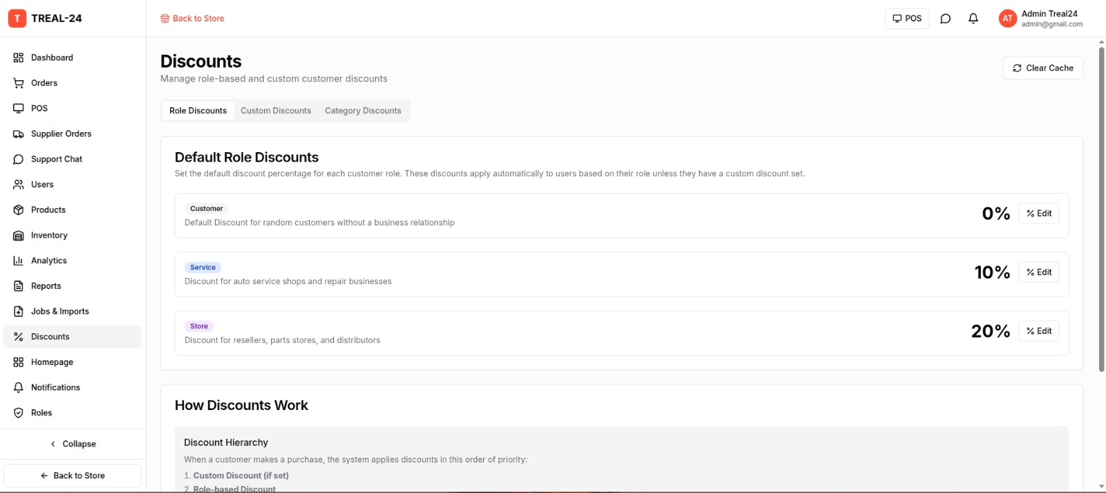 TRE-AL discount management with Customer, Service, and Store tiers