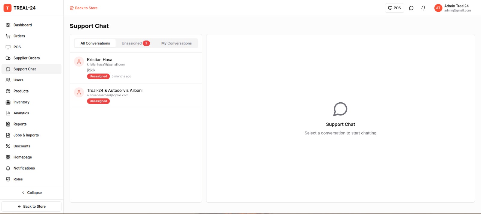TRE-AL support chat inbox with WebSocket messaging