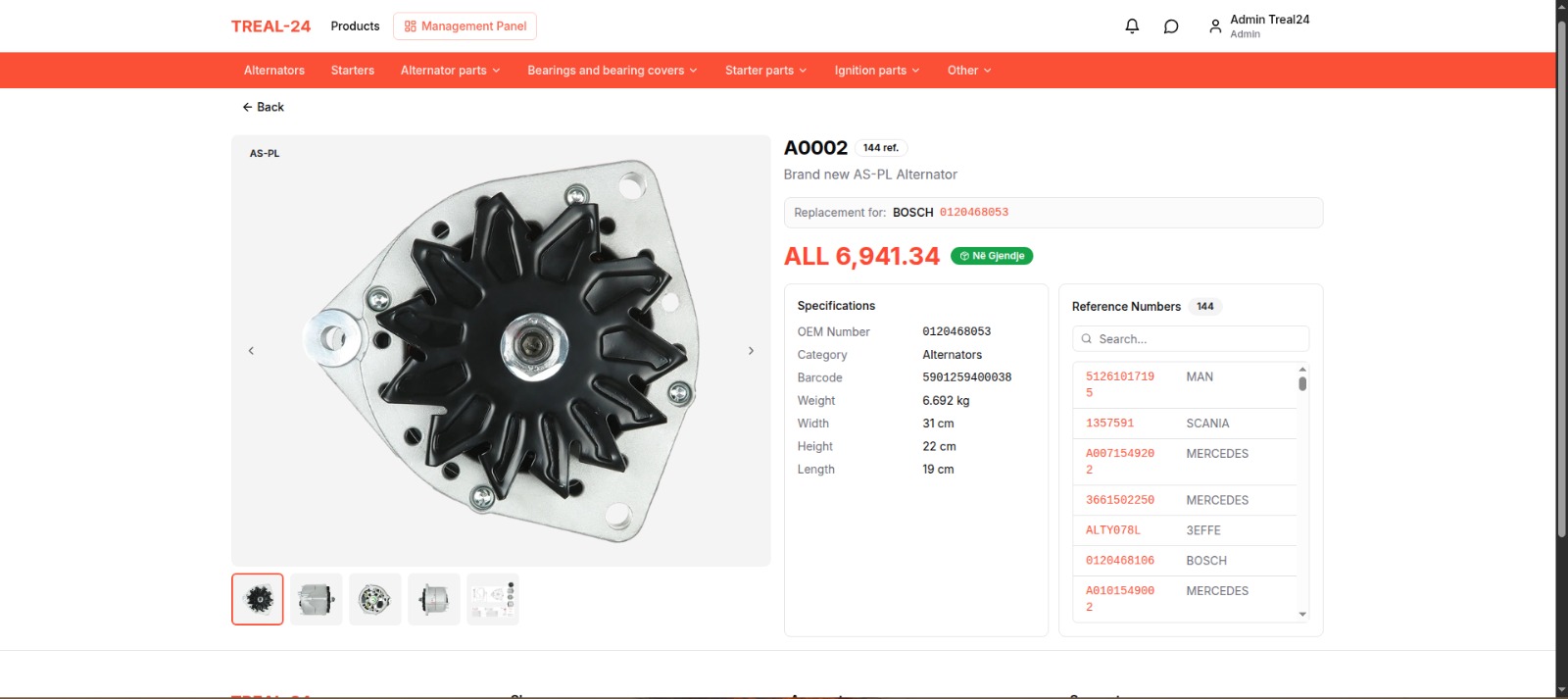 TRE-AL product detail page showing 144 cross-references across MAN, SCANIA, MERCEDES, BOSCH